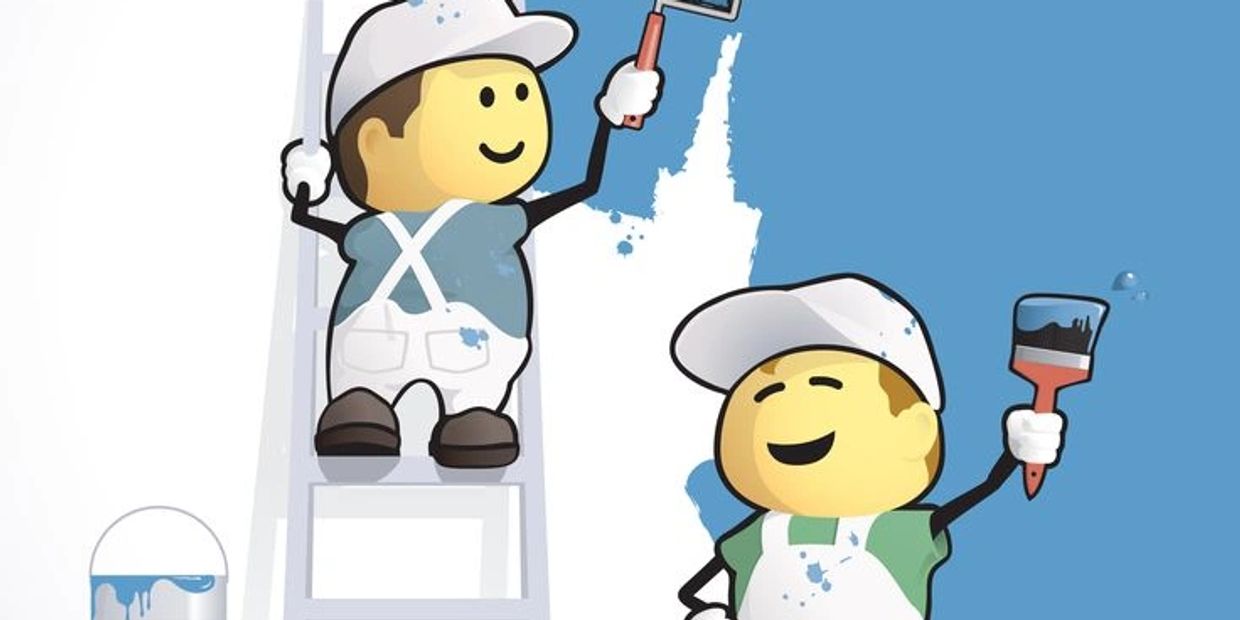 Two cartoon painters happily painting a wall blue.