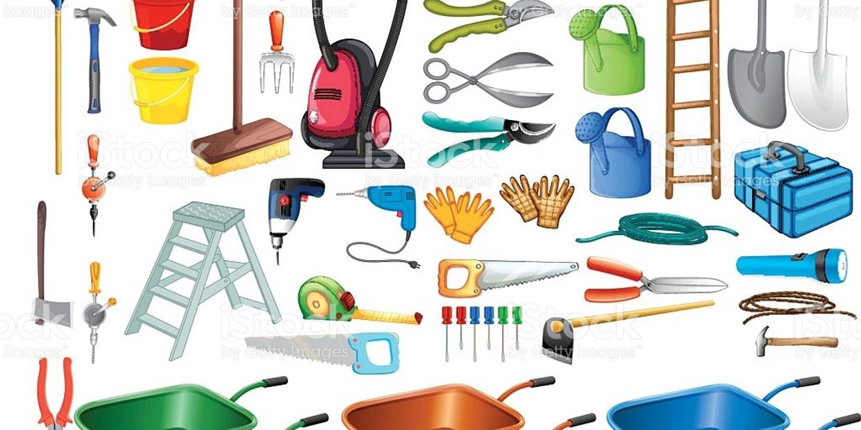A variety of colorful gardening and household tools arranged neatly.
