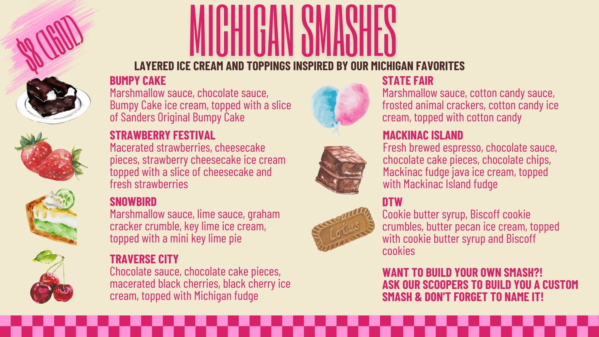 Menu showcasing Michigan-themed layered ice cream smashes with various delicious toppings.