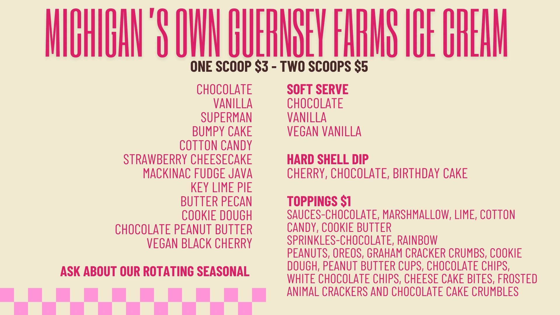 Michigan's Guernsey Farms ice cream menu with flavors, soft serve, dips, and toppings.