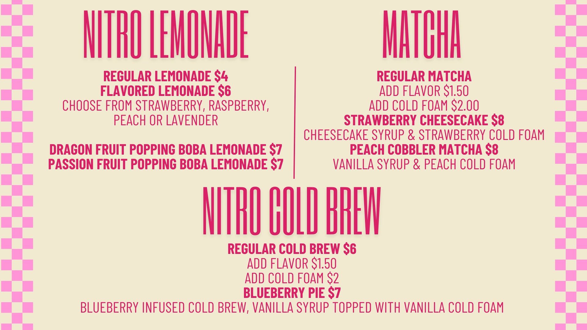 Menu featuring nitro lemonade, matcha, and nitro cold brew drinks.