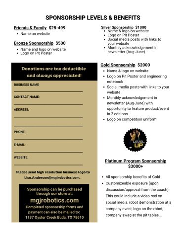 Flyer detailing sponsorship levels and benefits for a robotics program.
