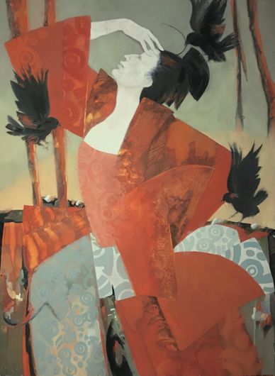 Abstract painting of a woman in orange surrounded by black birds.