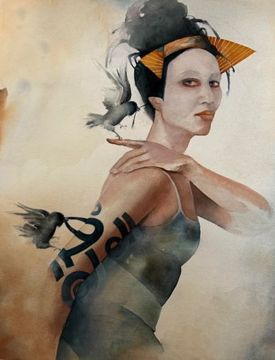 Watercolor portrait of a woman with birds and geometric tattoos.