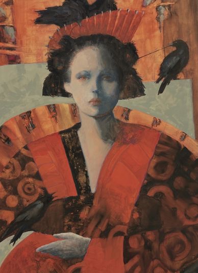 Surreal portrait of a woman with crows and vibrant orange attire.