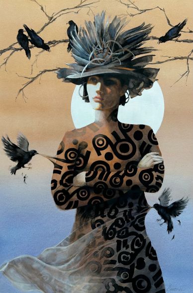 Surreal portrait of a woman with a feathered hat and crows on branches around her.