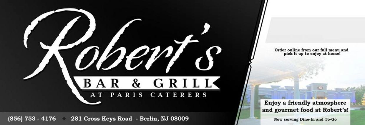 Robert's Bar & Grill logo with contact info and catering details.