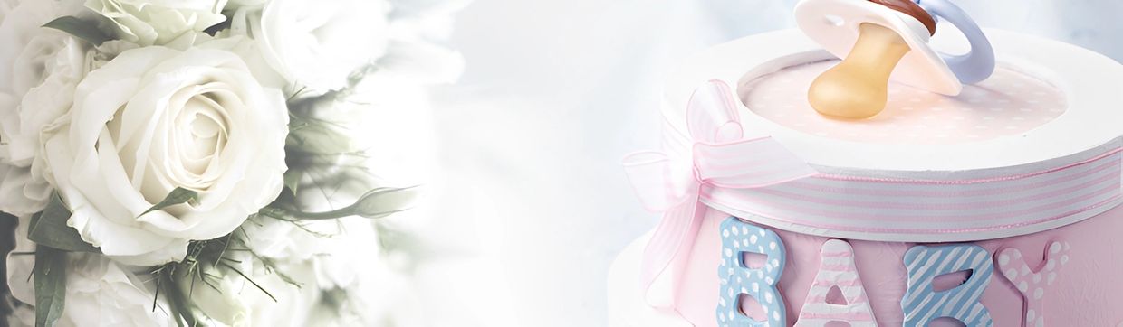 A banner image with white roses on the left and a pink "BABY" cake with a pacifier on the right.