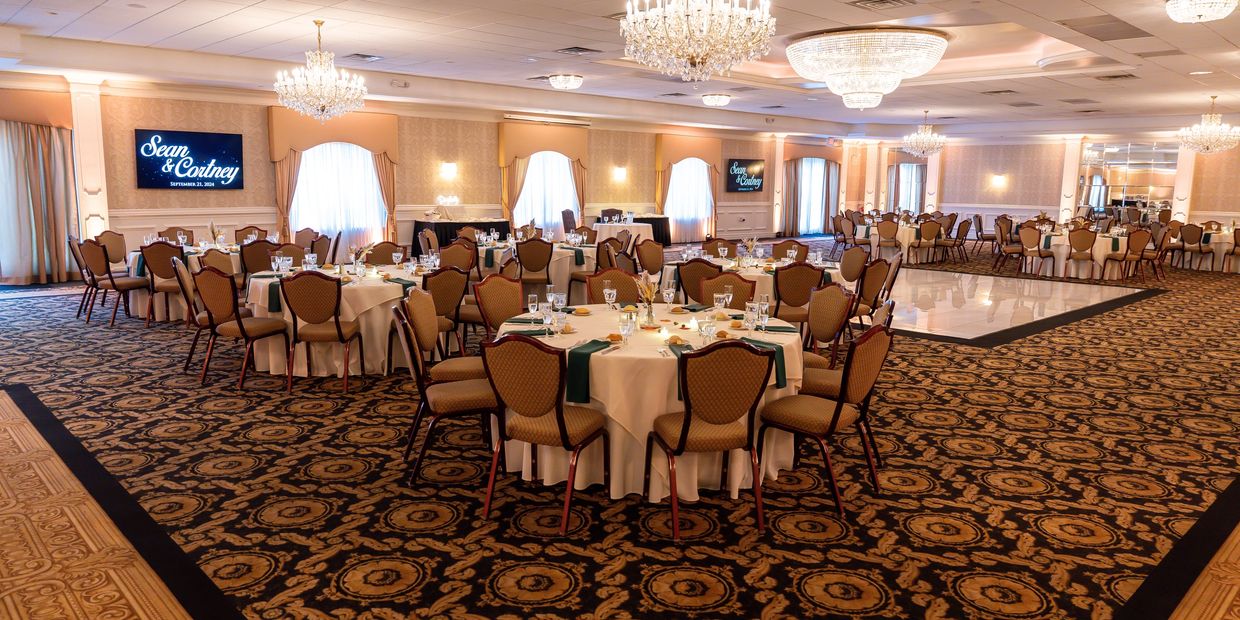 Elegant event venue featuring chandeliers and expansive dance floor