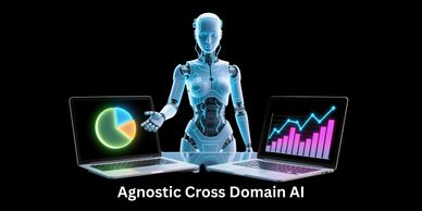 Futuristic robot presenting data visualizations on laptops labeled Agnostic Cross Domain AI.