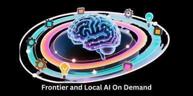 Digital brain surrounded by AI and tech elements with 'Frontier and Local AI On Demand' text.