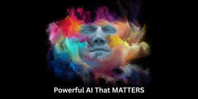 A serene face emerges from vibrant, swirling clouds of color with the text 'Powerful AI That MATTERS'.