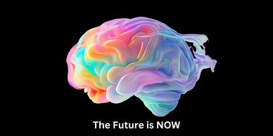 Vibrant colorful brain with the phrase 'The Future is NOW' on a black background.