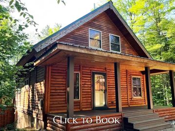 Cozy wooden cabin nestled in lush green forest surroundings.
