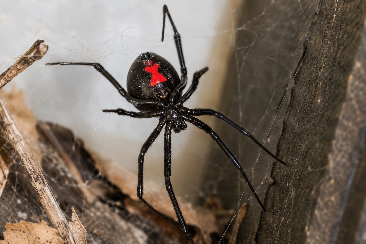 Black widow spider with a red hourglass marking on its back.