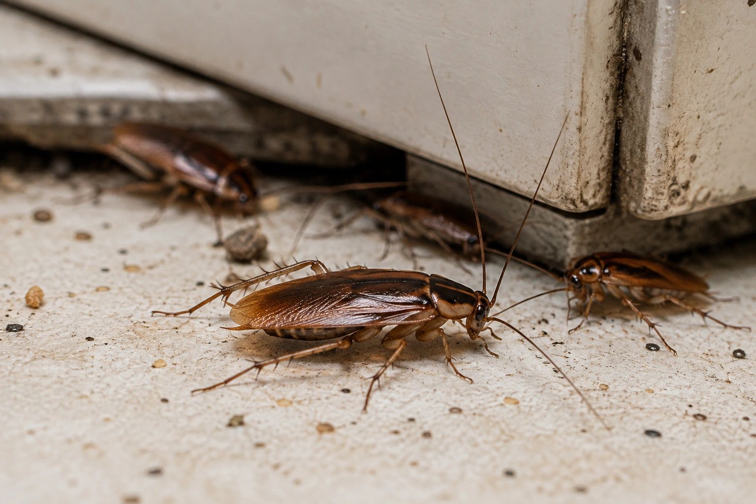 Several cockroaches on a dirty floor near a corner.