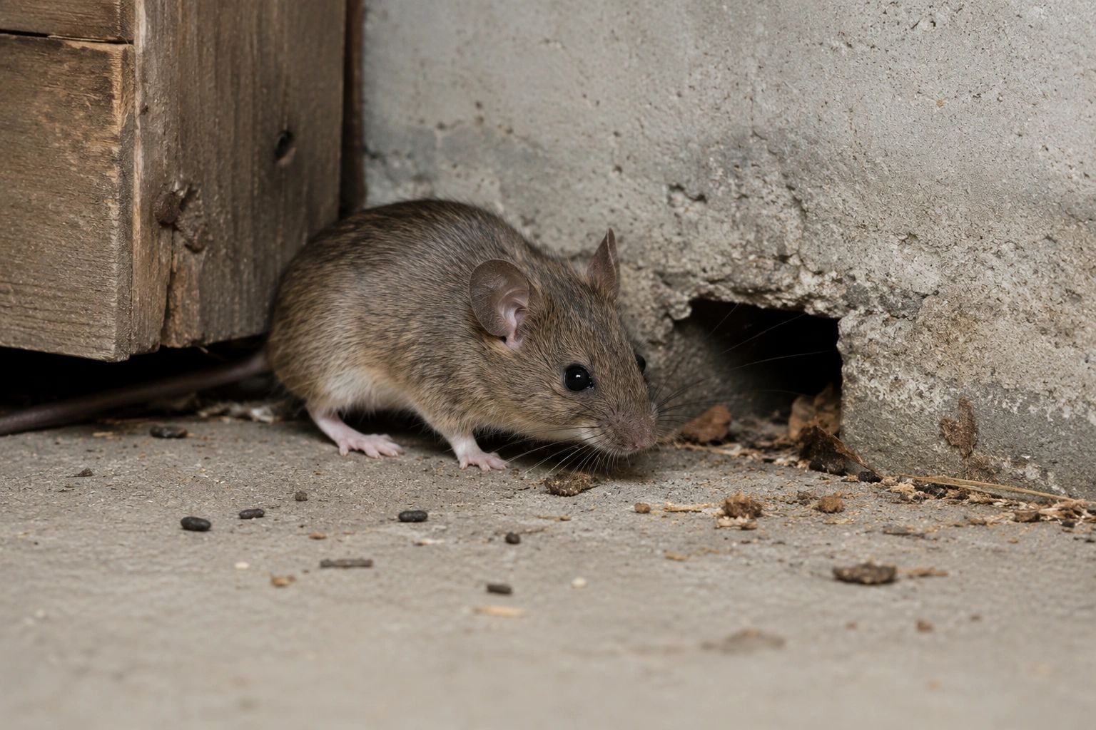 A mouse near a hole in the wall.