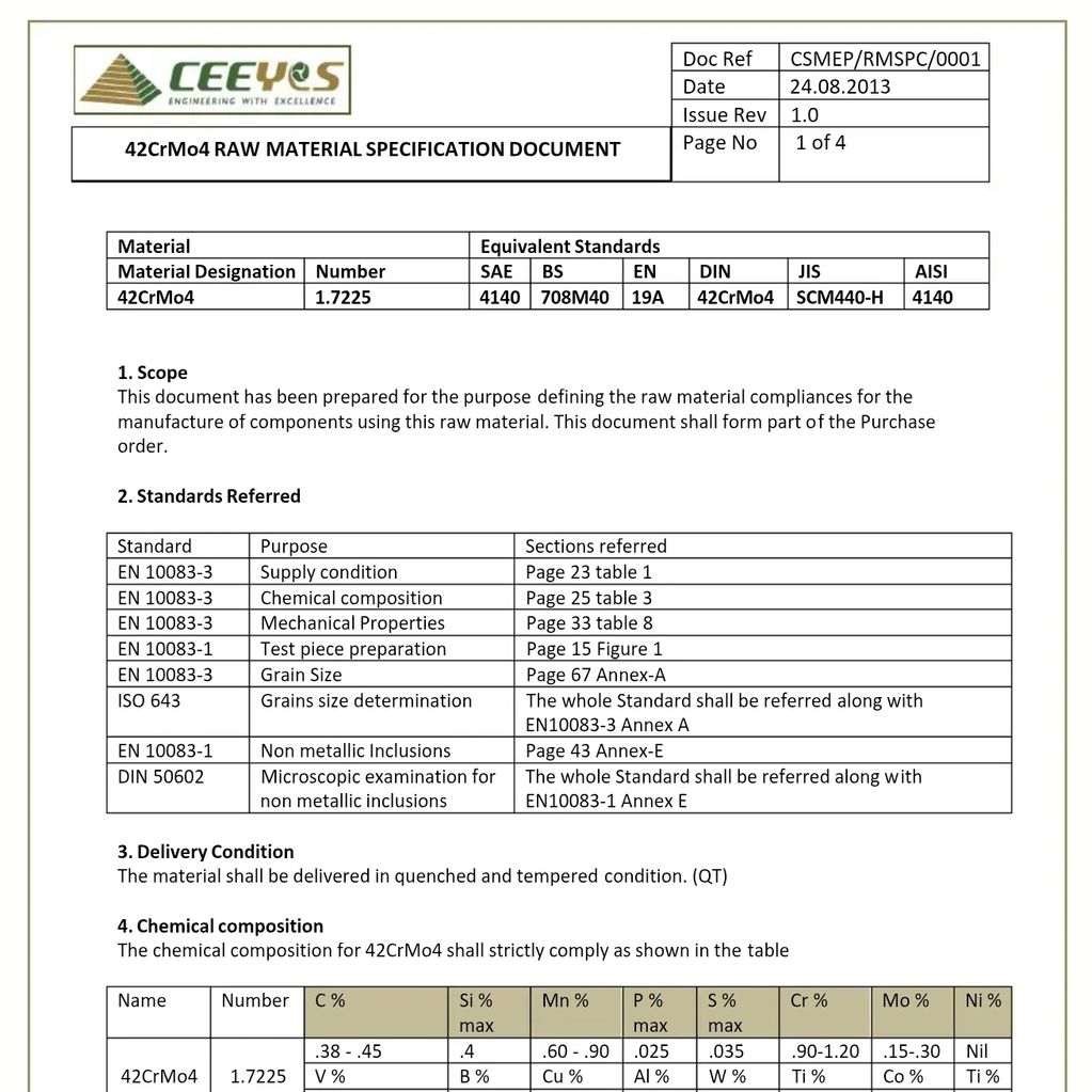 Raw material specification document for 42CrMo4 steel with standards and chemical composition.