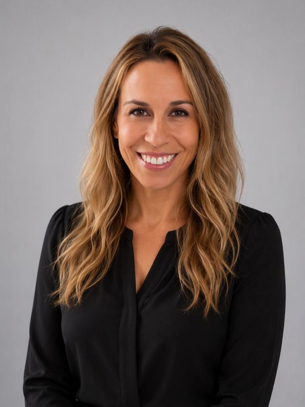 Smiling woman with long blonde hair in a black blouse.