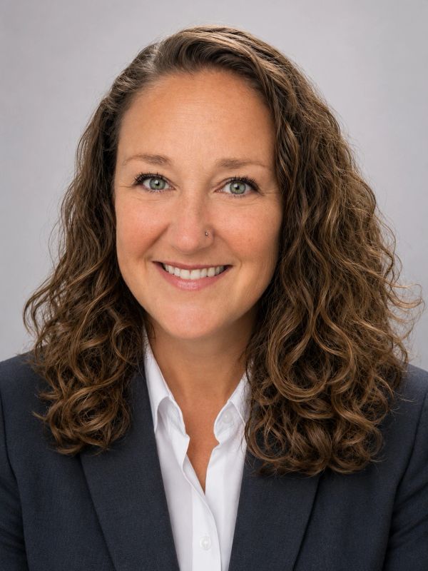 Smiling woman with curly hair in a professional suit.