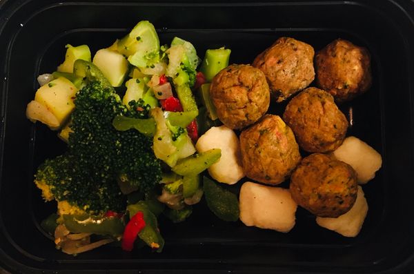veggie protein balls, mixed veggies, cauliflower gnocchi