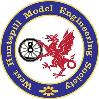 Logo of West Huntspill Model Engineering Society with a red dragon and a wheel.