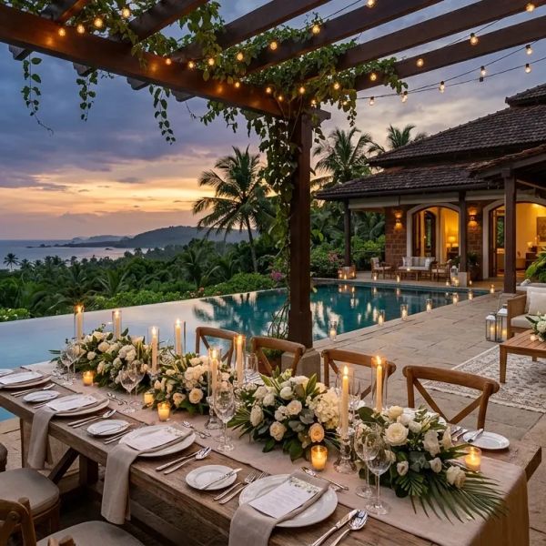 Elegant outdoor dining setup by a pool at sunset.