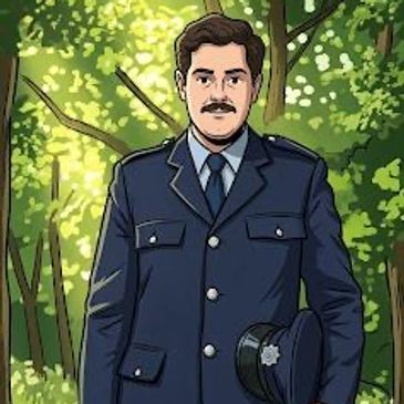 Illustration of a man in a dark blue police uniform holding a hat in a forest.