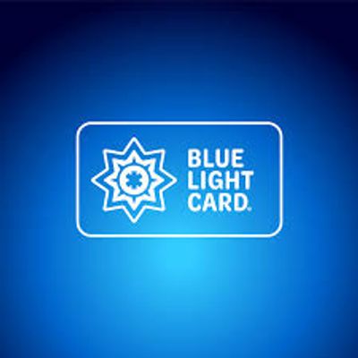 Logo of Blue Light Card on a blue gradient background.