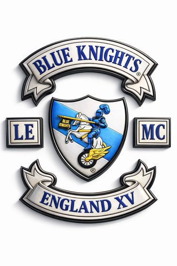 Logo of Blue Knights LE MC England XV with a knight on a motorcycle.