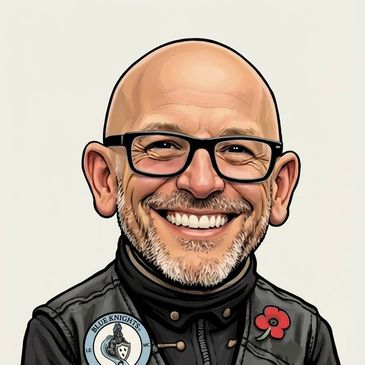 Caricature of a smiling bald man with glasses and a jacket.