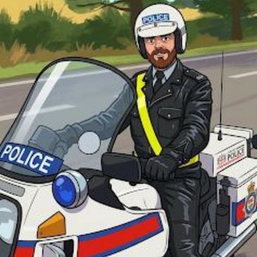 Cartoon police officer on a motorcycle with a helmet and leather jacket.