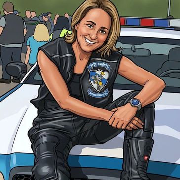 Smiling woman in biker gear sitting on police car hood.