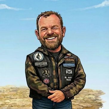 Caricature of a smiling man in a military-style jacket with patches.