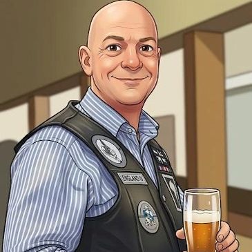 A smiling bald man in a vest holding a glass of beer indoors.