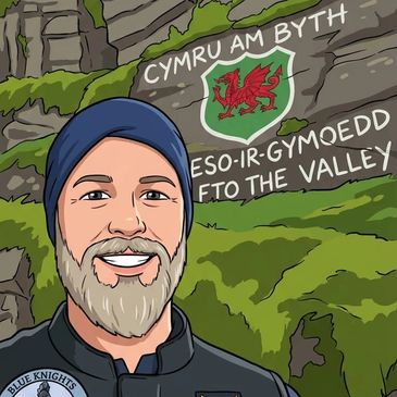 Cartoon of a smiling bearded man in front of a Welsh flag and mountain text.