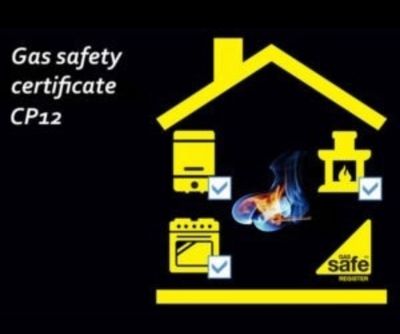 Yellow house graphic with gas appliances and safety checkmarks for gas safety certificate CP12.
