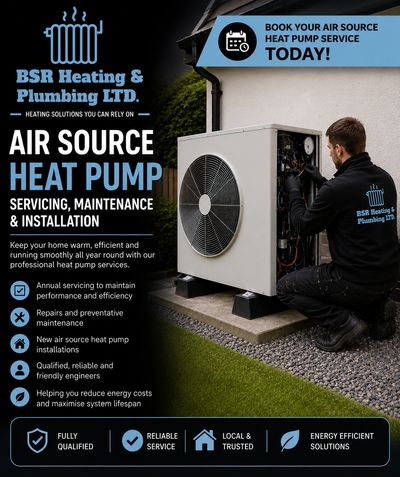 Technician servicing an air source heat pump outside a building for BSR Heating & Plumbing LTD.