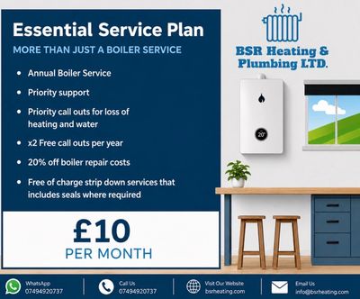 Advertisement for BSR Heating & Plumbing Essential Service Plan at £10/month.