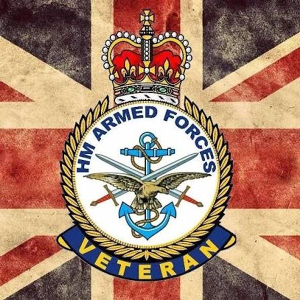 HM Armed Forces Veteran emblem with British flag background.