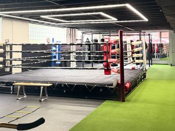 Empty boxing ring in a modern gym.