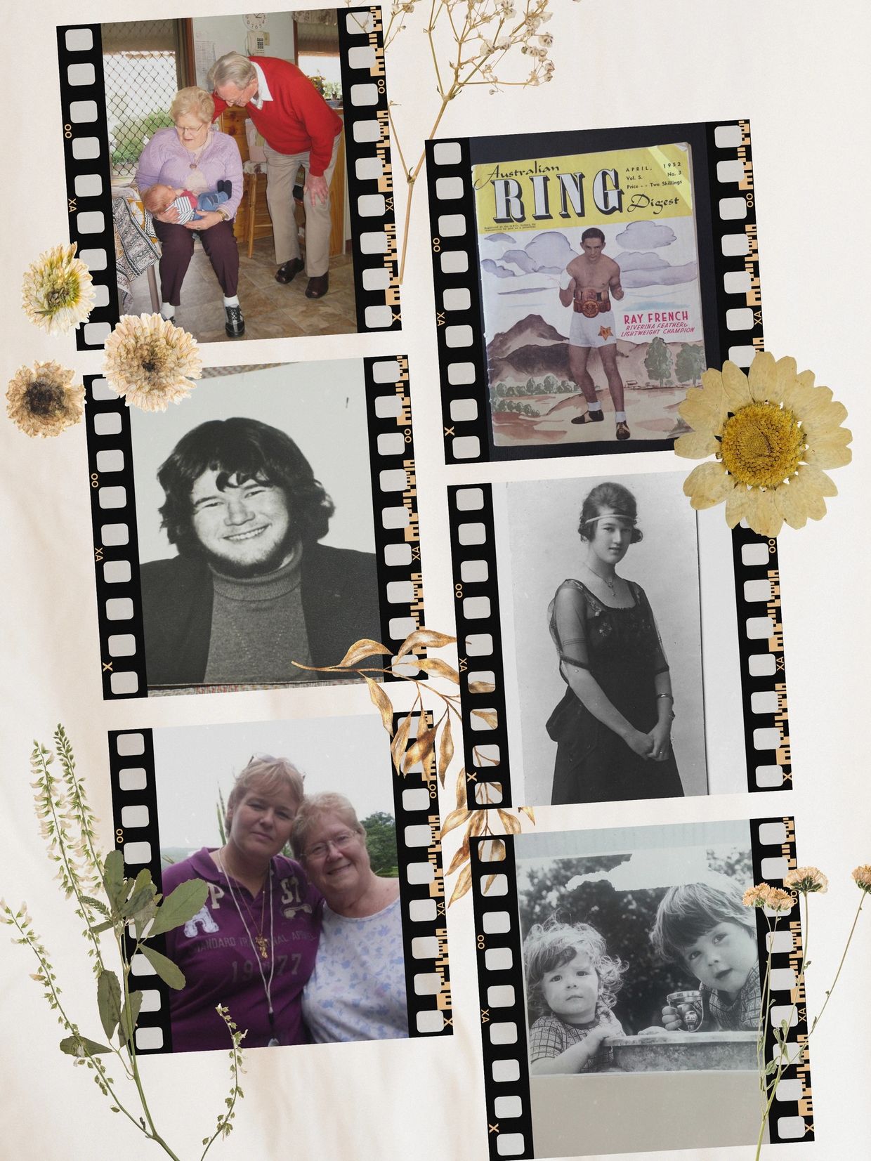 Collage of vintage and recent family photos with floral accents.