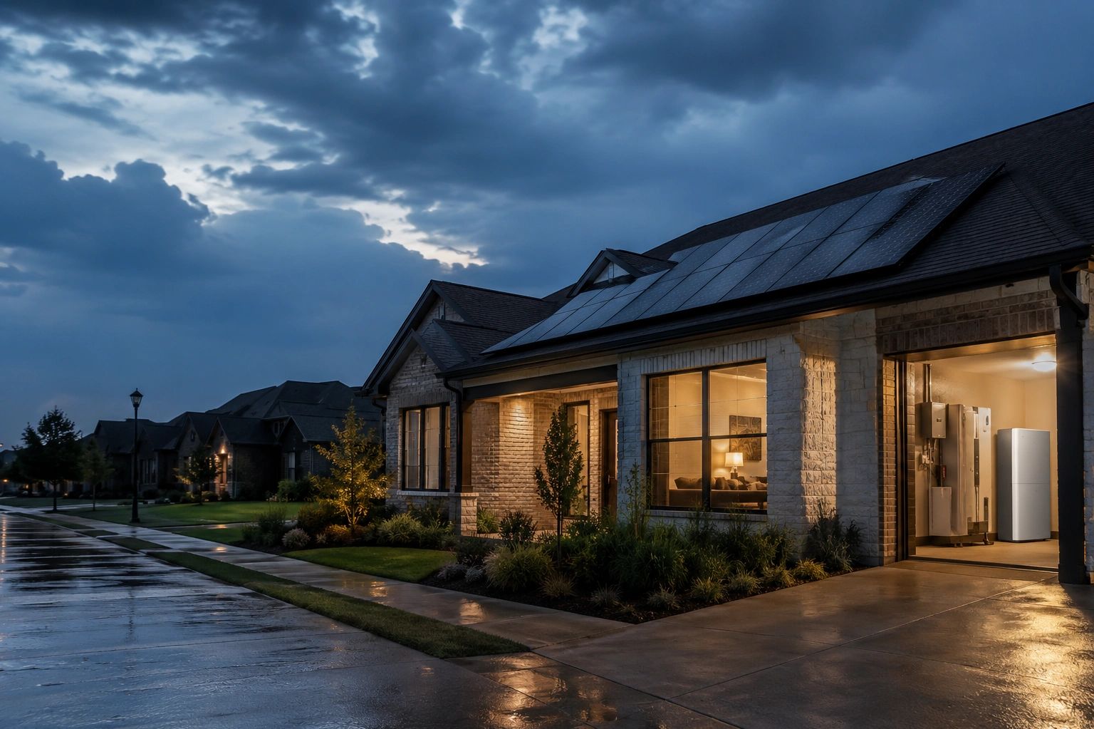 Modern house with solar panels on rainy evening.