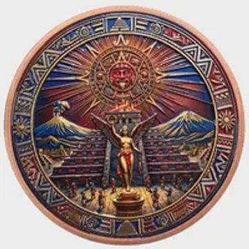 Aztec-inspired circular artwork with a sun motif and pyramid.