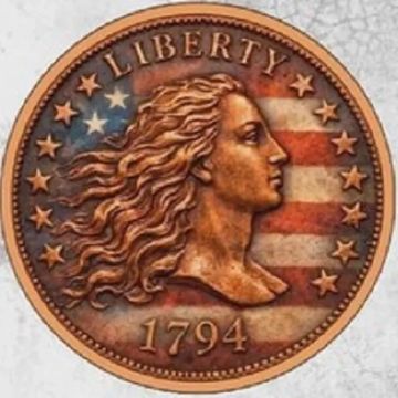 1794 Liberty coin with profile of a woman and stars.
