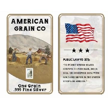 Silver grain bar from American Grain Co with US flag and legal text.
