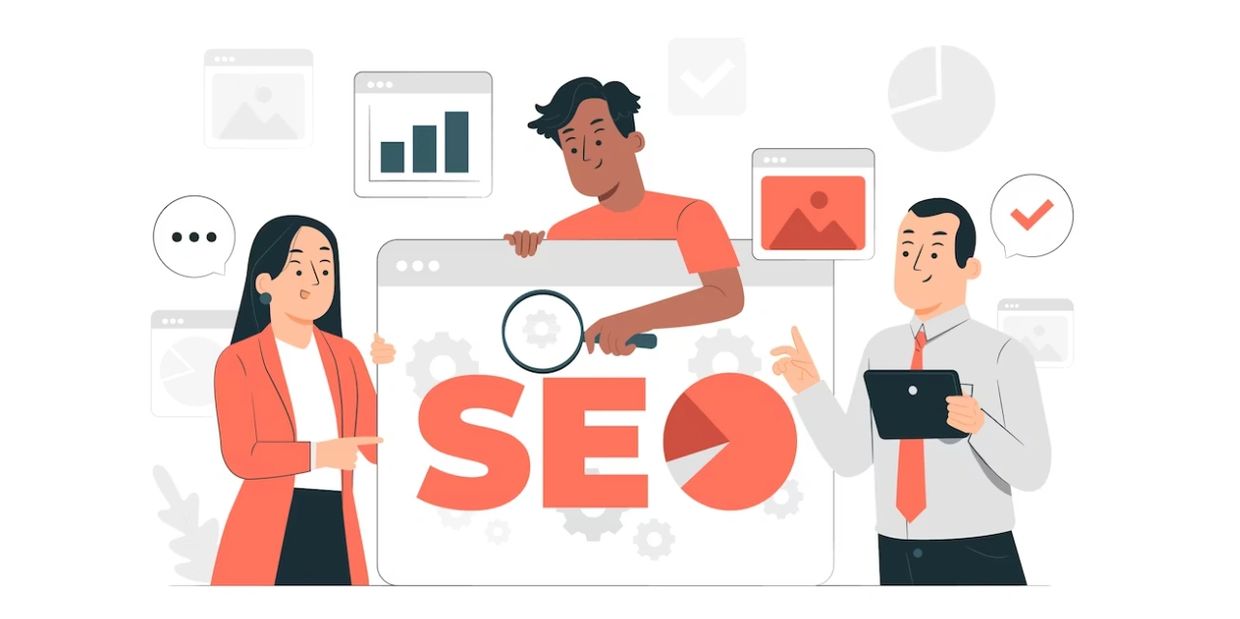 3 people in professional attire having a magnifying glass and SEO is written on Post