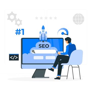 A man is sitting on a chair and on desktop, SEO is written