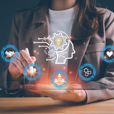Person interacting with digital innovation and teamwork icons.
