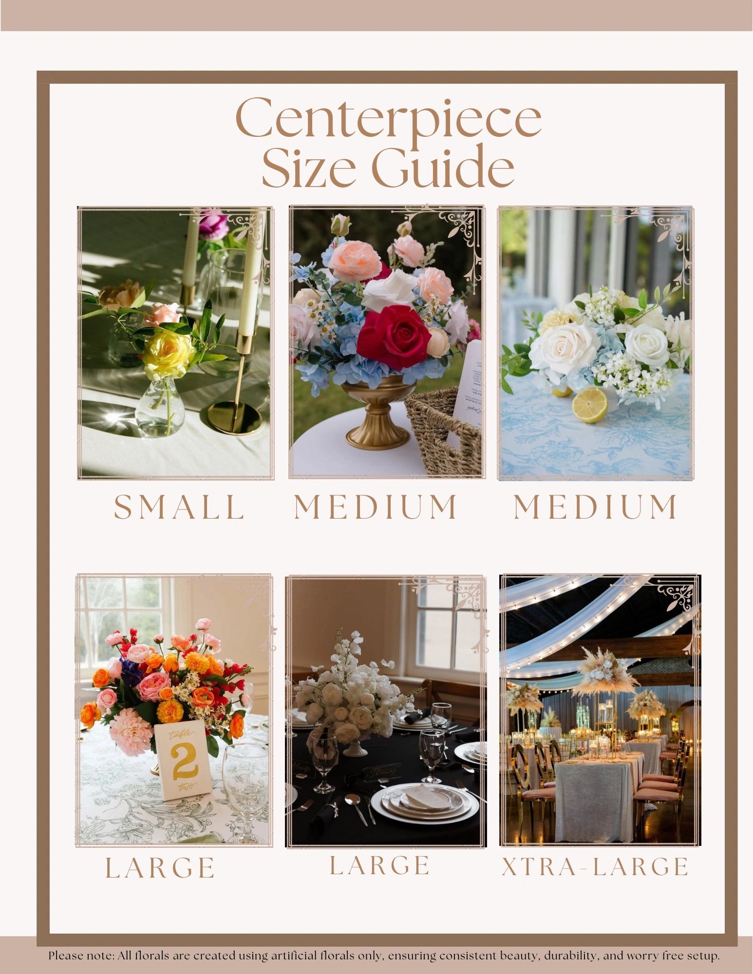 Guide showing different centerpiece sizes from small to extra-large with floral arrangements.